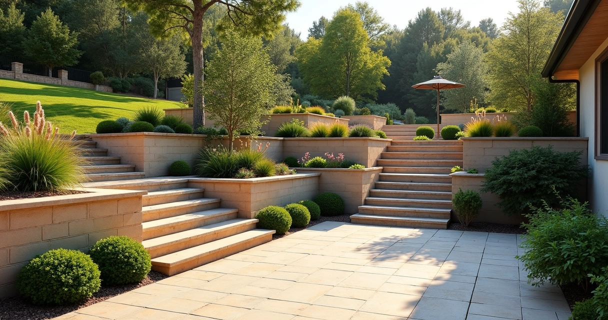 Tiered patio with retaining walls and integrated steps 