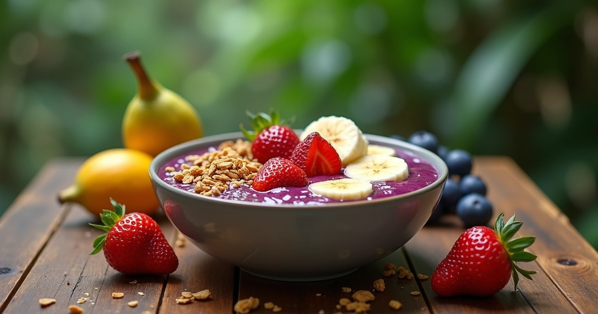 Tigela com açaí, frutas e granola em mesa de madeira 