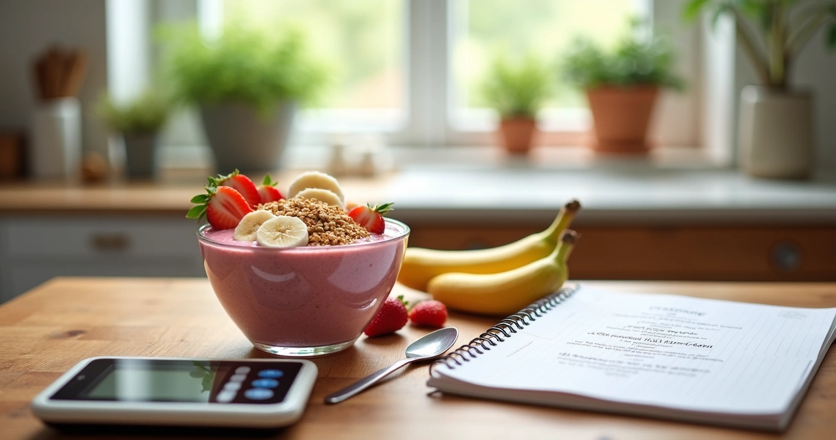 Uma tigela de smoothie colorido com proteína, banana, morangos e granola em uma cozinha iluminada.