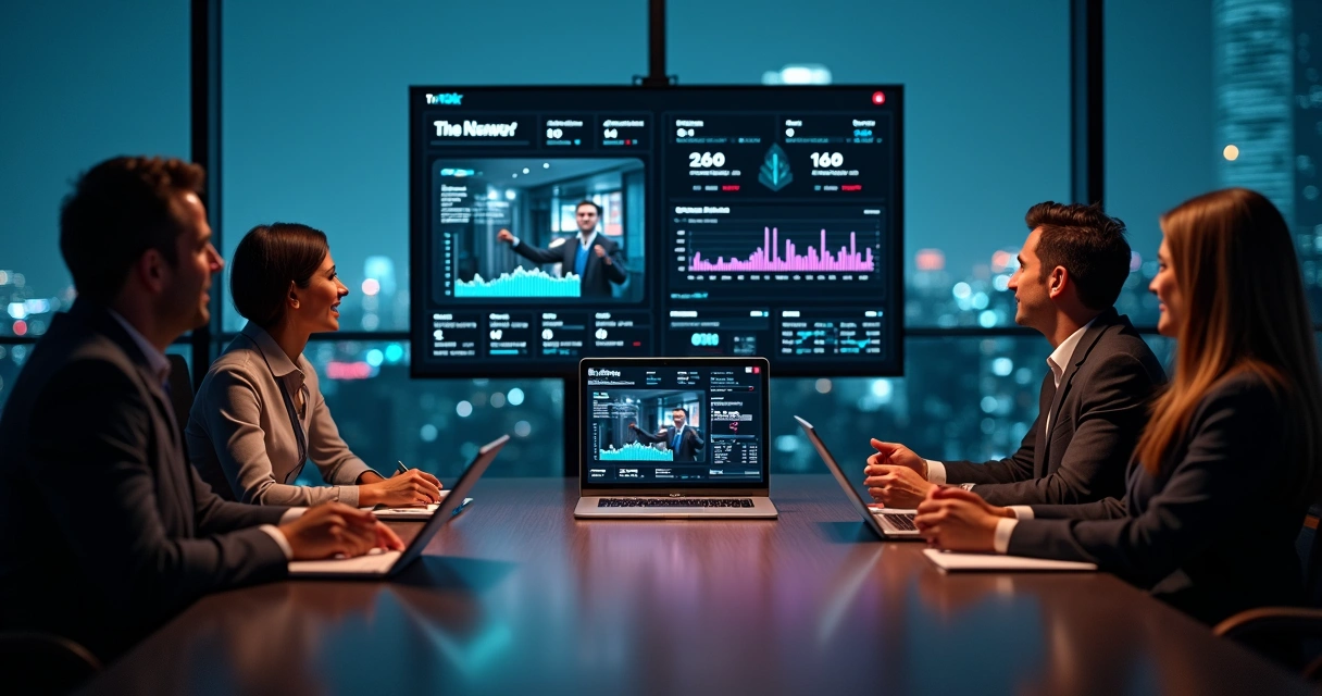 Executivos analisando estrategia de marketing B2B no TikTok em sala de reuniao moderna 