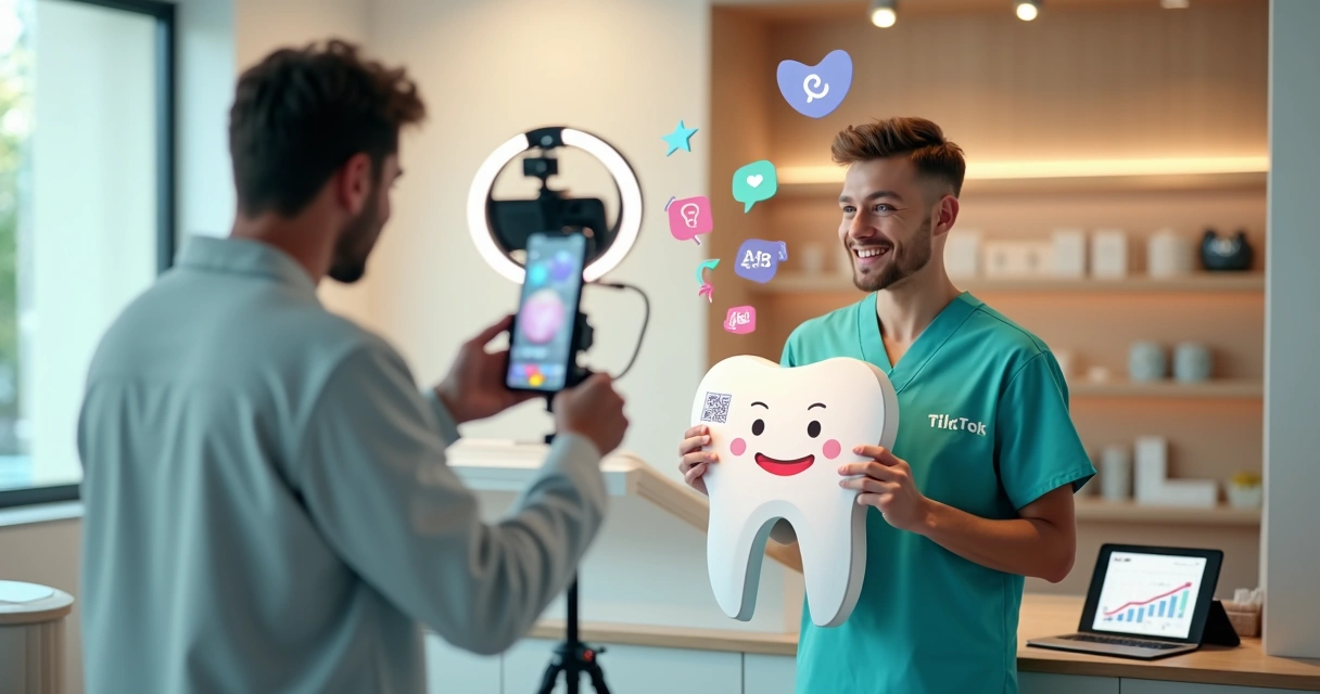 Dentista grava vídeo de TikTok sobre odontologia segurando placa de dente estilizada 