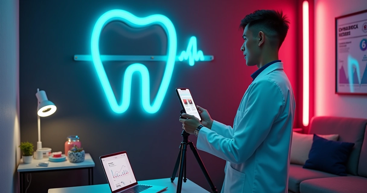 Dentista grava vídeo criativo de odontologia com TikTok aberto no celular em ambiente colorido 