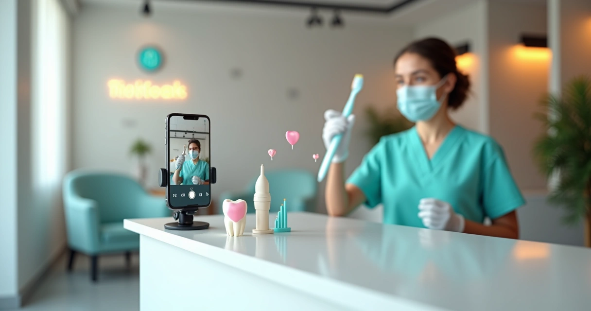 Dentista grava vídeo de dicas odontológicas com TikTok aberto em celular 