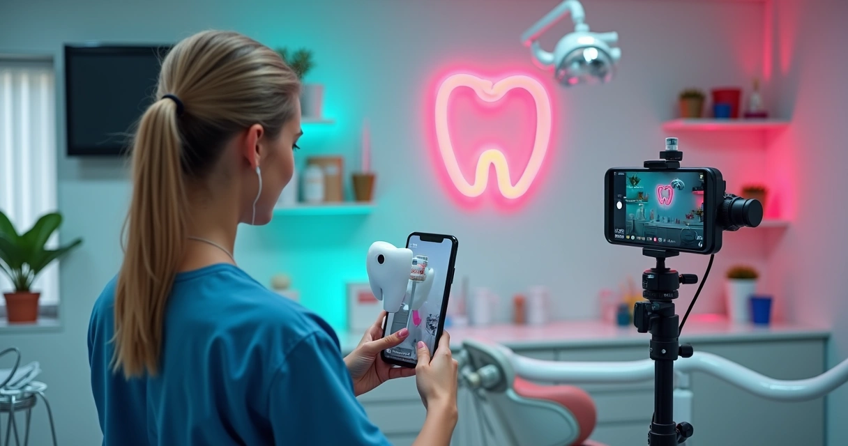 Dentista grava vídeo criativo sobre odontologia para TikTok em clínica colorida 
