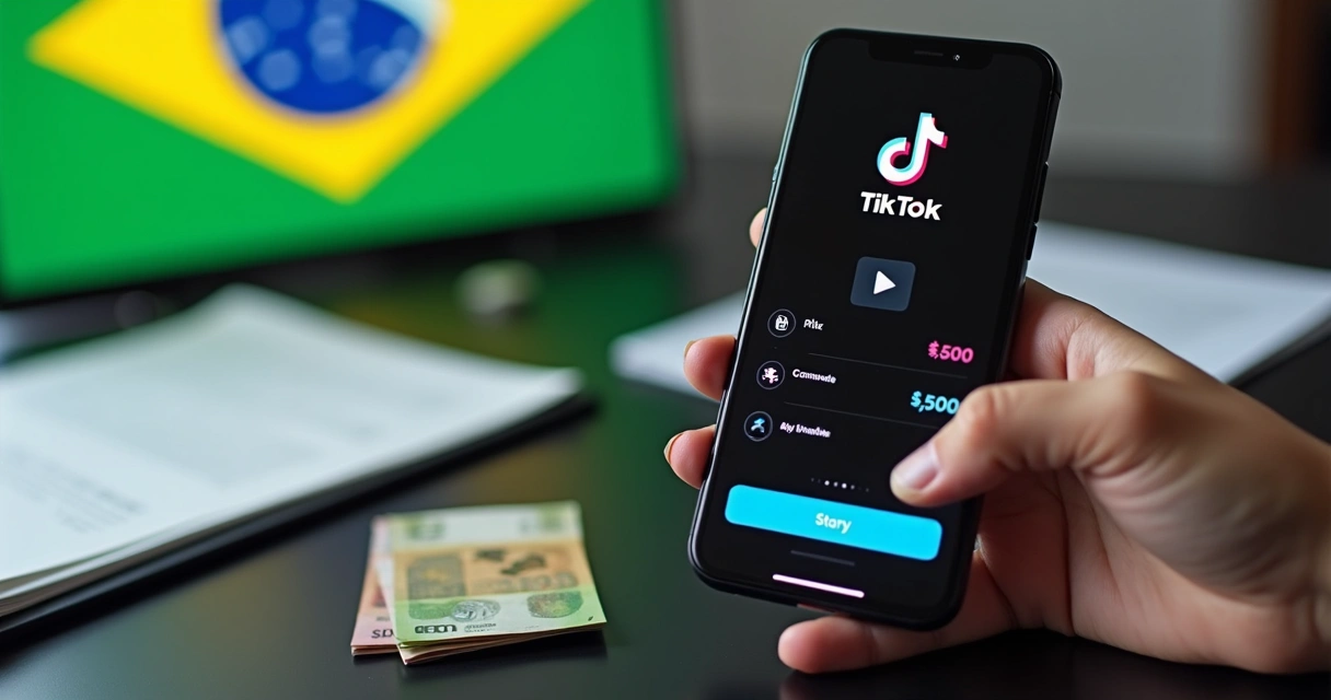 Tela de celular com logo do TikTok ao lado de icones de pagamentos sobre bandeira do Brasil desfocada 