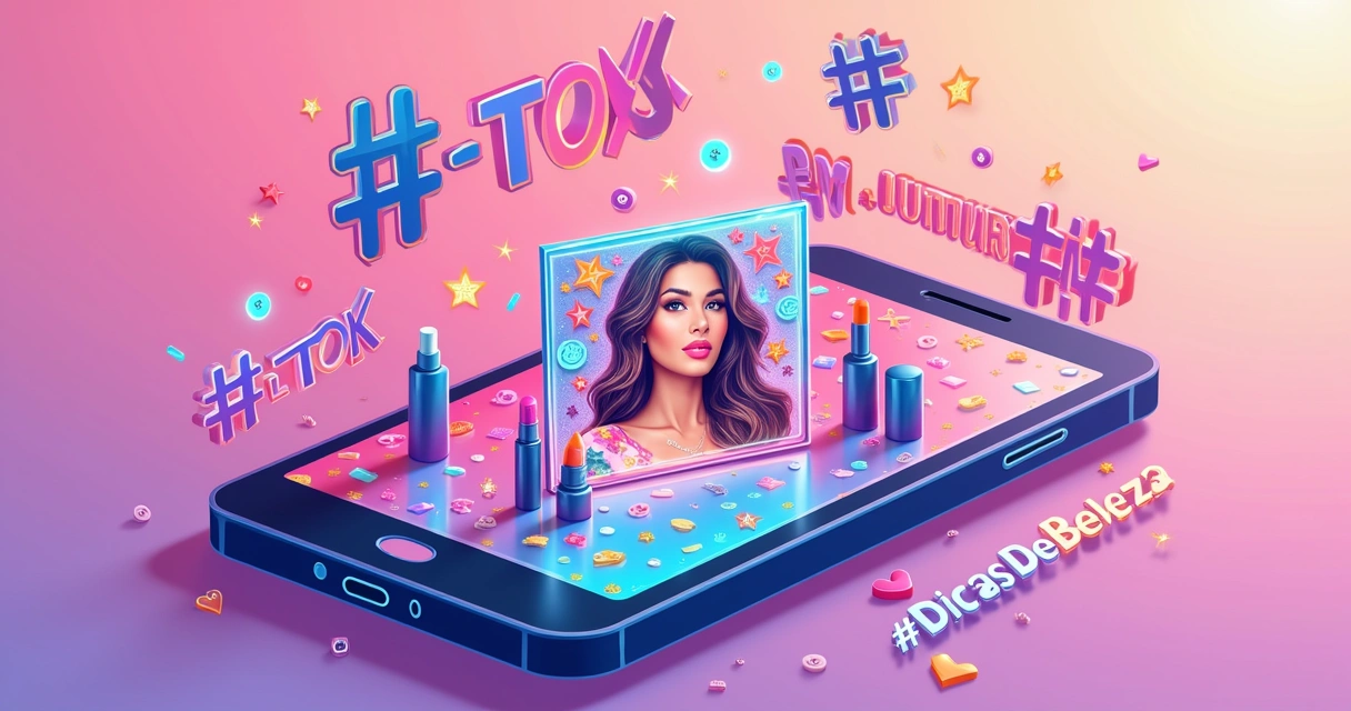Ilustração de tela de smartphone mostrando vídeo de maquiagem com hashtags populares flutuando.