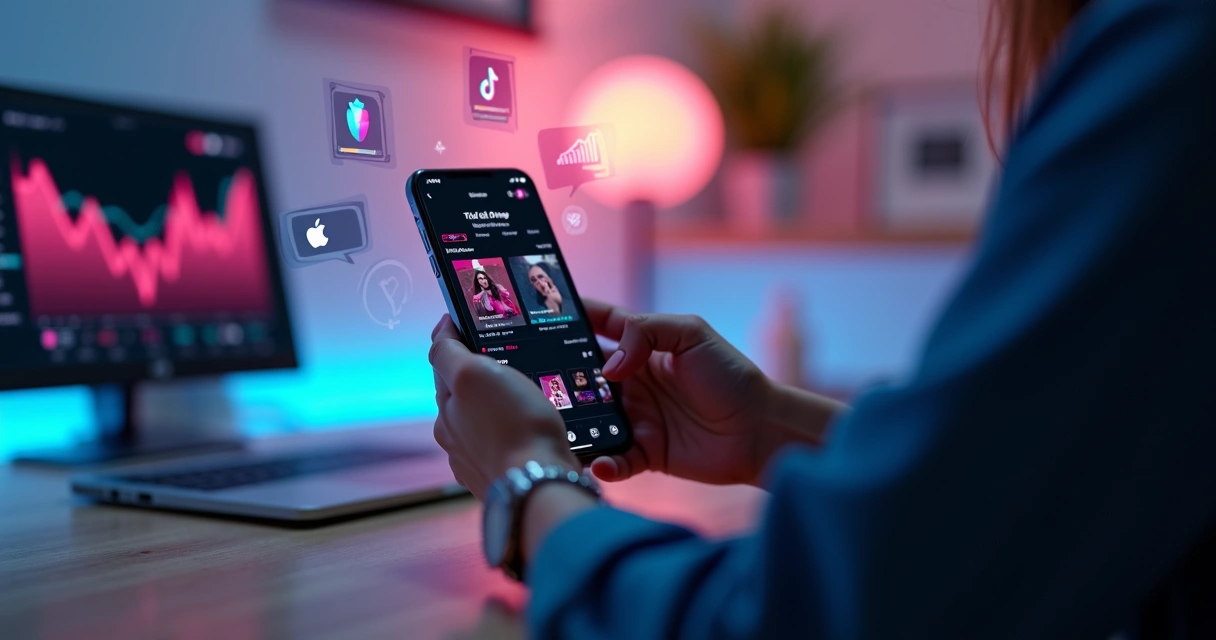 Empreendedora segurando smartphone com TikTok Shop e ícones de vendas ao redor 