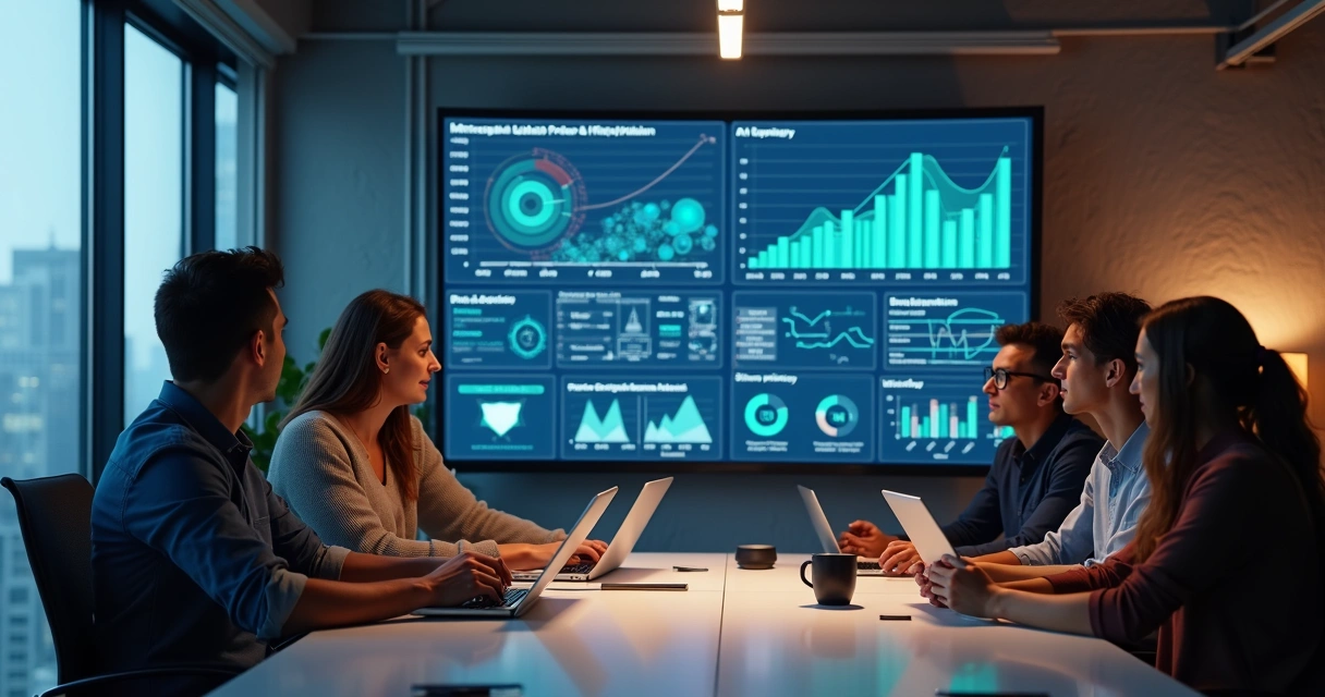 Equipe reunida analisando evolução mensal de IA