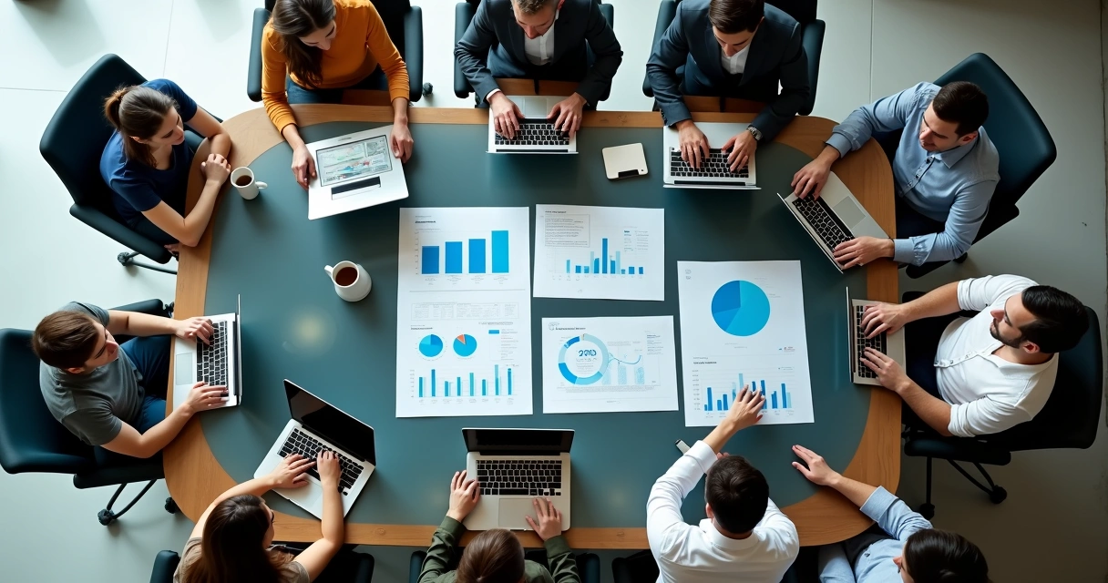 Equipe de projeto de IA em reunião de acompanhamento 