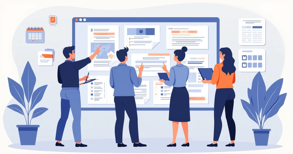 Time de agência analisando o quadro de processos documentados. 