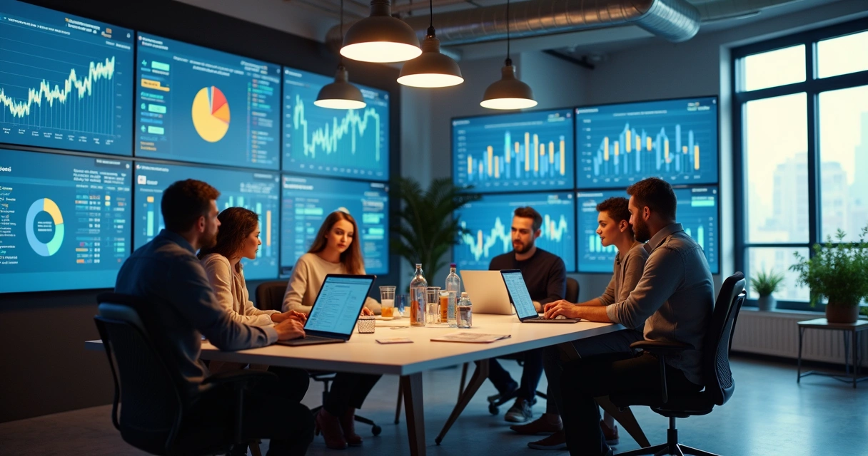 Equipe de agência digital em reunião analisando gráficos em monitores grandes