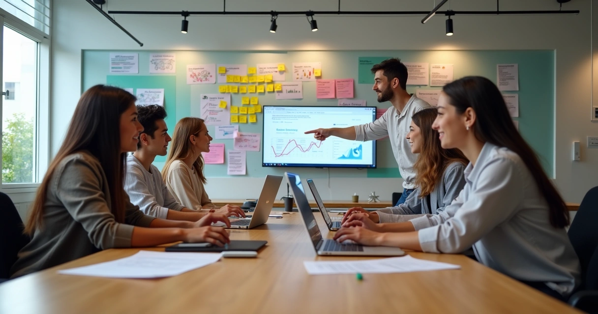 Equipe de agência de marketing reunida em uma sala moderna, trocando ideias e apontando para gráficos 