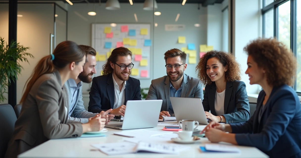 Equipe de agência digital motivada reunida em sala moderna 