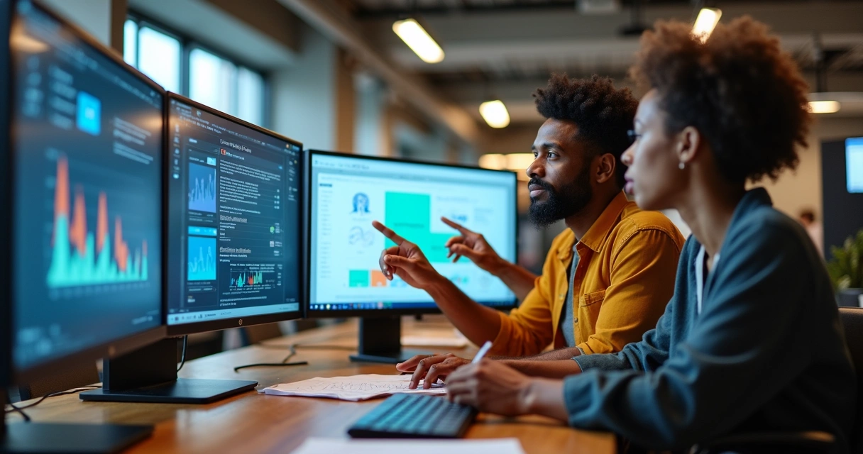Equipe de agência de marketing analisando dados em monitores. 