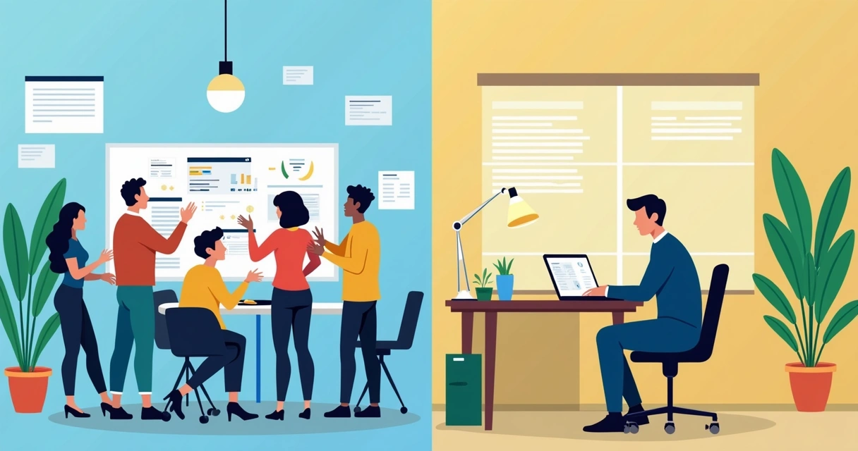 Equipe de agência colaborando num projeto visual enquanto freelancer trabalha sozinho