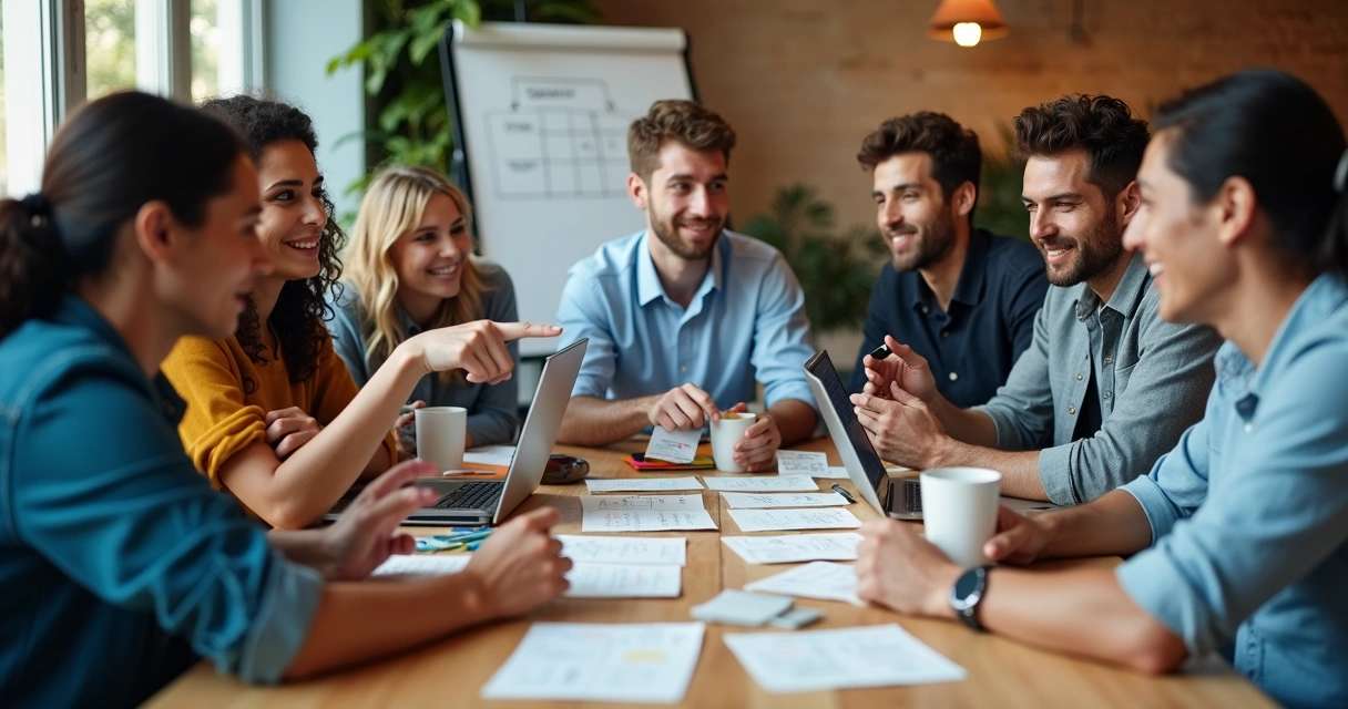Equipe ágil em uma mesa, discutindo cartões de tarefas e estimando prioridades 