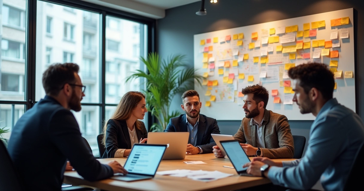 Equipe multidisciplinar em sala colaborativa frente a quadros com post-its e tablets 