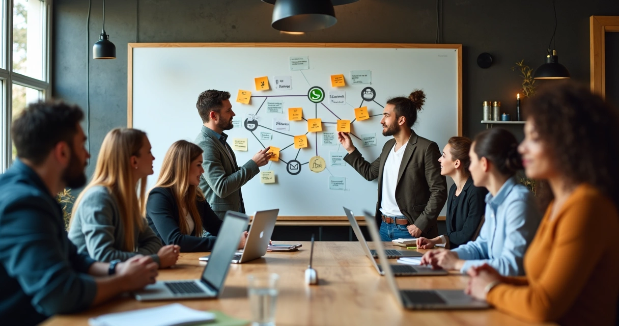 Equipe unindo canais digitais em um quadro na parede 