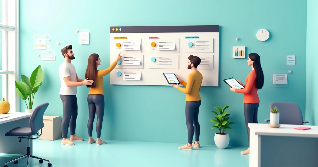 Equipe de escritório alinhada em torno de um quadro com prioridades destacadas 