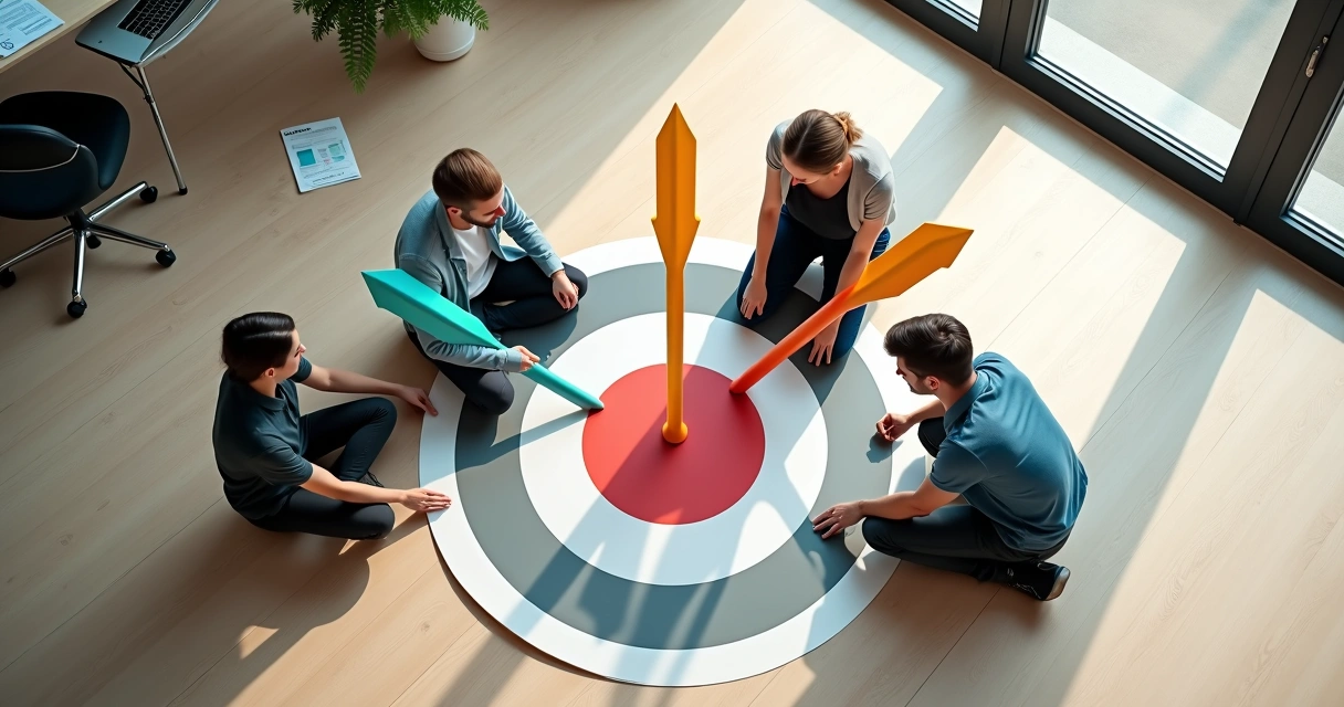 Equipe pequena encaixando setas coloridas em alvo de metas no chão de escritório 