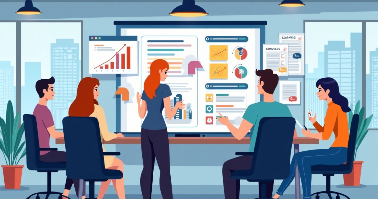 Equipe de marketing analisando painéis digitais e checklists na parede 