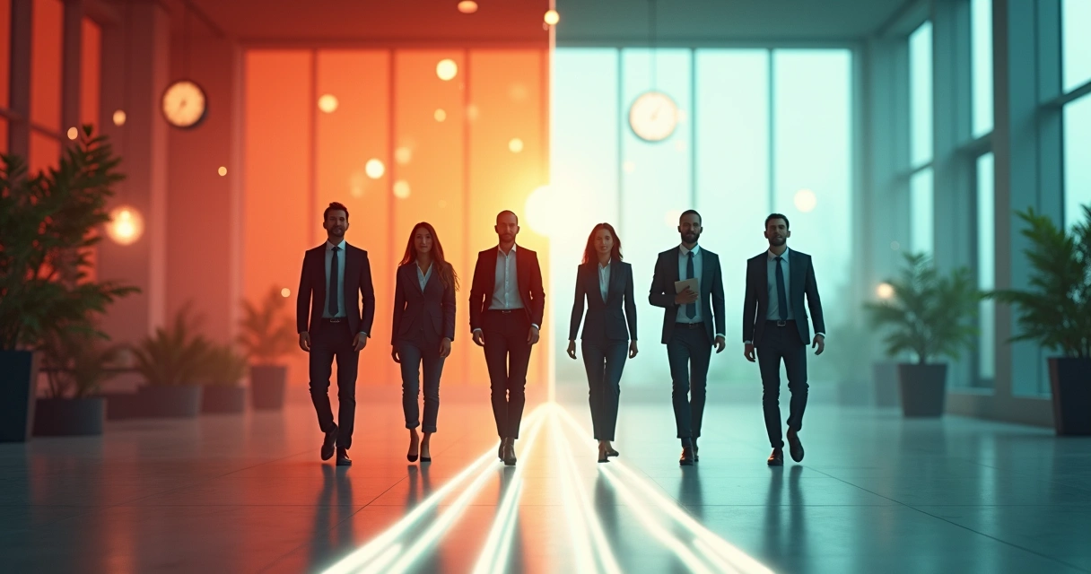 Profissionais caminhando sobre linha luminosas entre estresse e equilíbrio emocional 