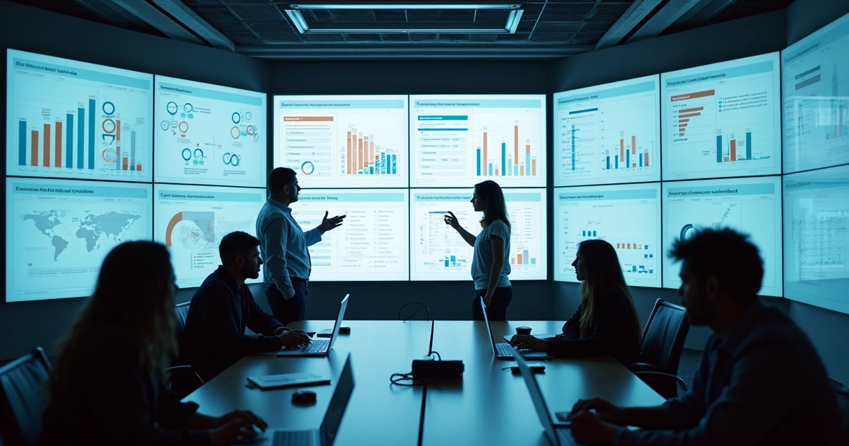 Equipe em sala de reunião analisando dados de cohort em monitores