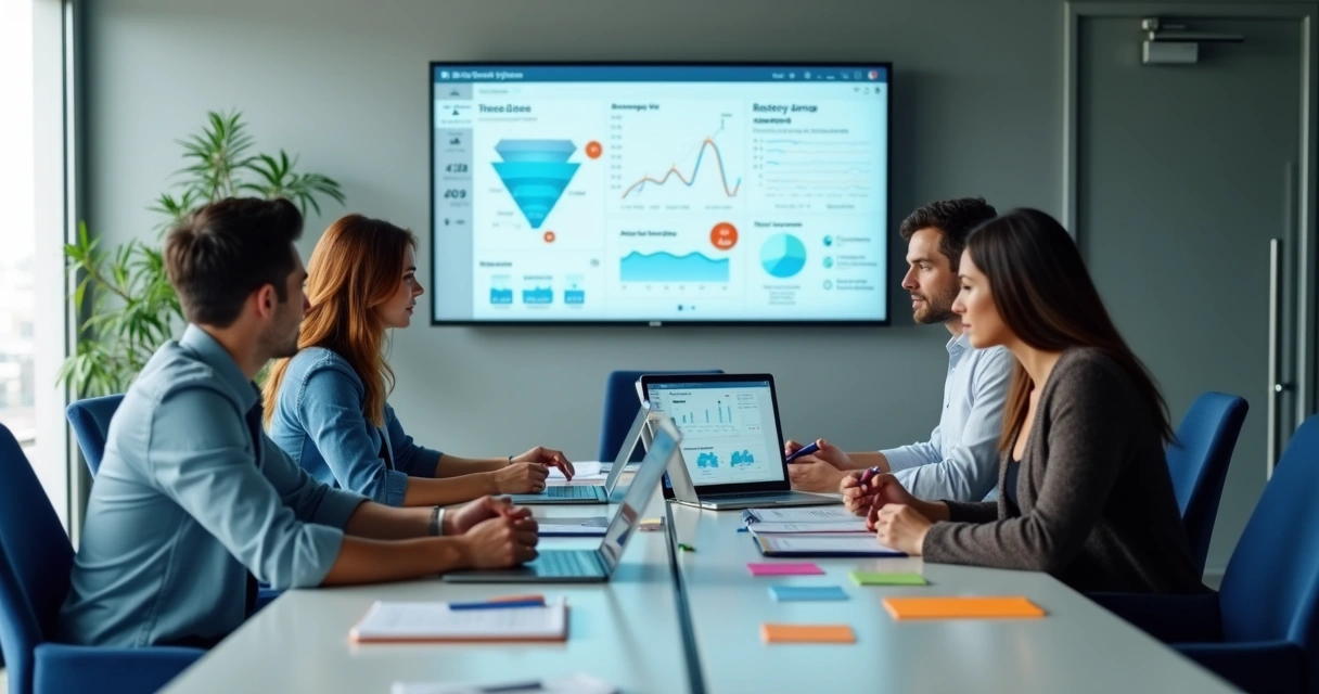 Team analyzing sales funnel on CRM screen 