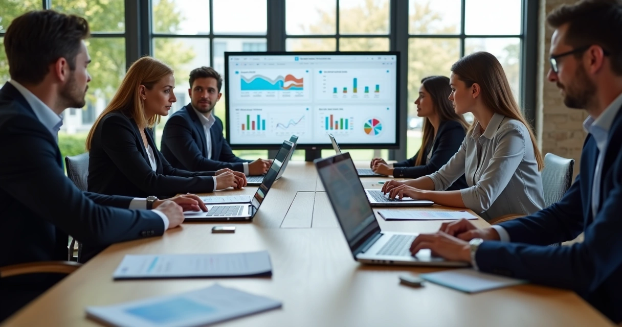 Equipe reunida com laptops analisando fórmulas DAX em Power BI 