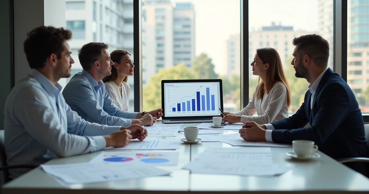 Equipe analisando dados financeiros em reunião 