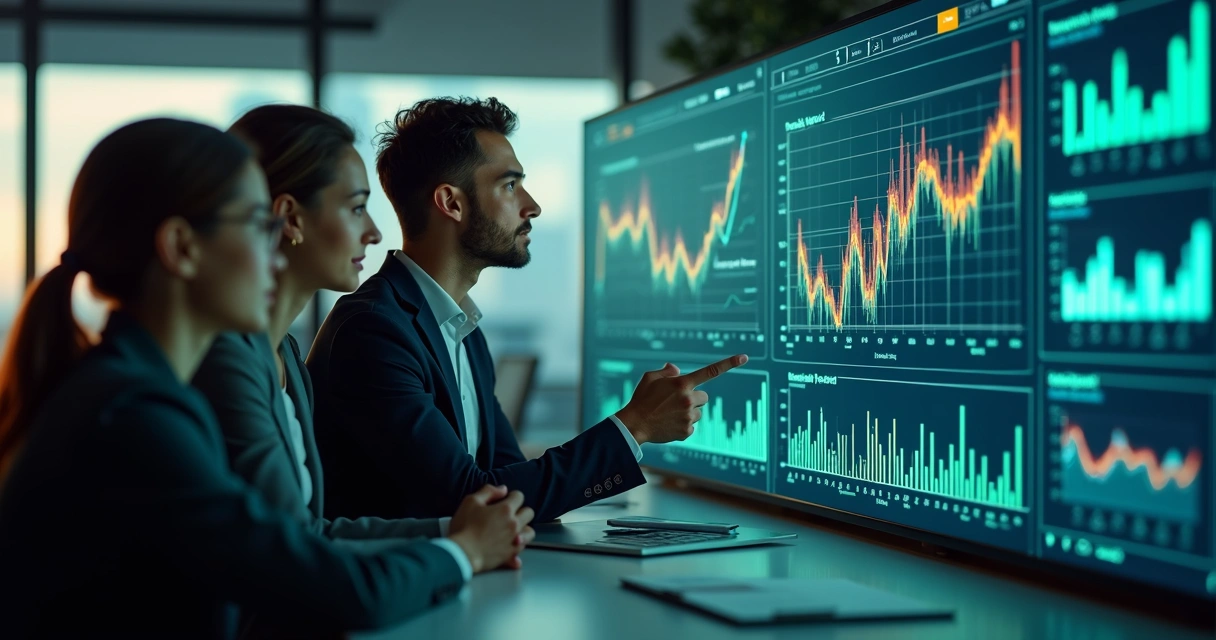Equipe analisando dados em dashboard de IA 