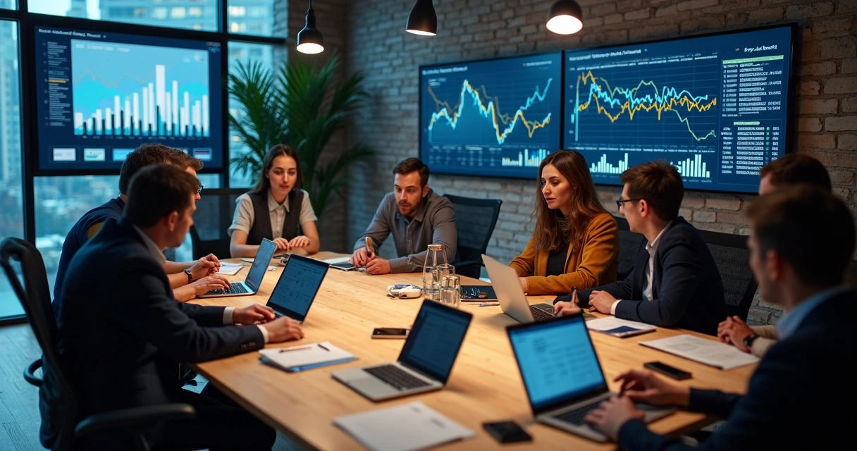 Equipe avaliando opções de hospedagem em telas de computador 