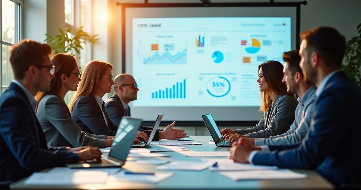 Equipe de vendas analisa dados de CRM em mesa de reunião