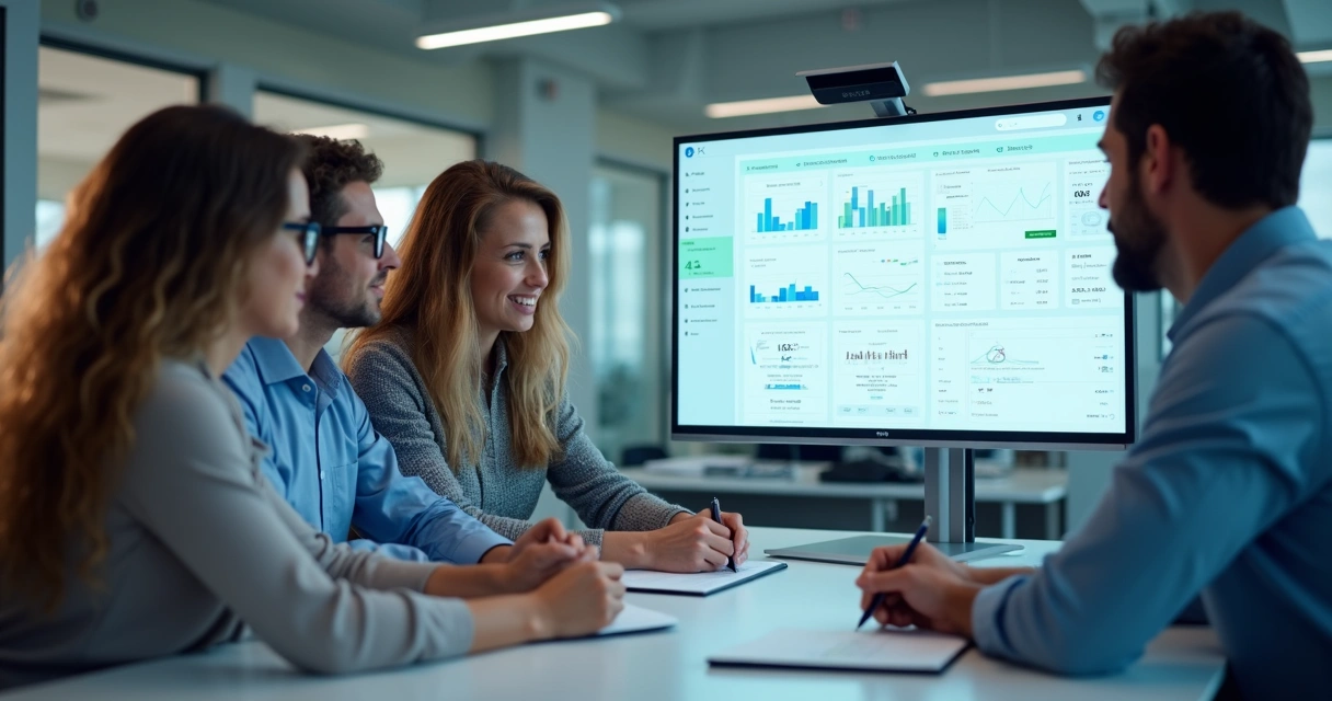 Equipe comercial analisando relatório de pedidos do catálogo digital 