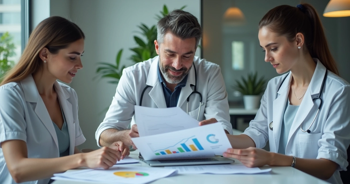 Equipe de clínica odontológica analisando resultados de vendas