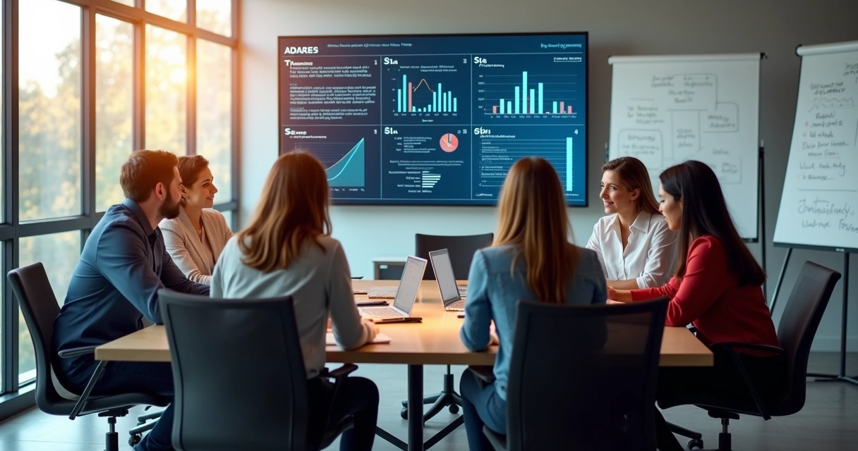 Equipe reunida analisando gráficos de SLA em uma tela digital 