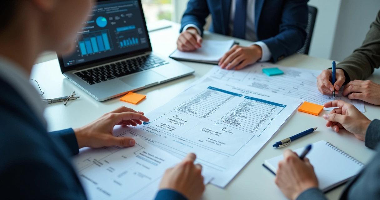 Equipe revisando documentos técnicos de schema fiscal em reunião