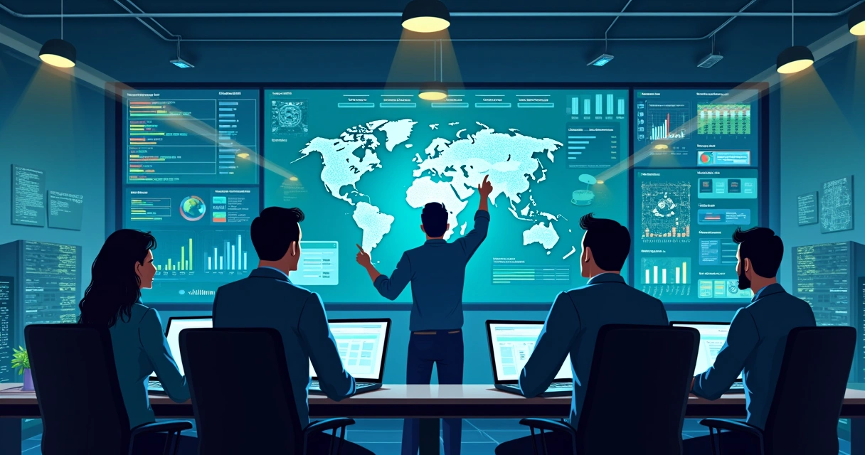 Equipe de TI analisando painel de cibersegurança em tela grande. 