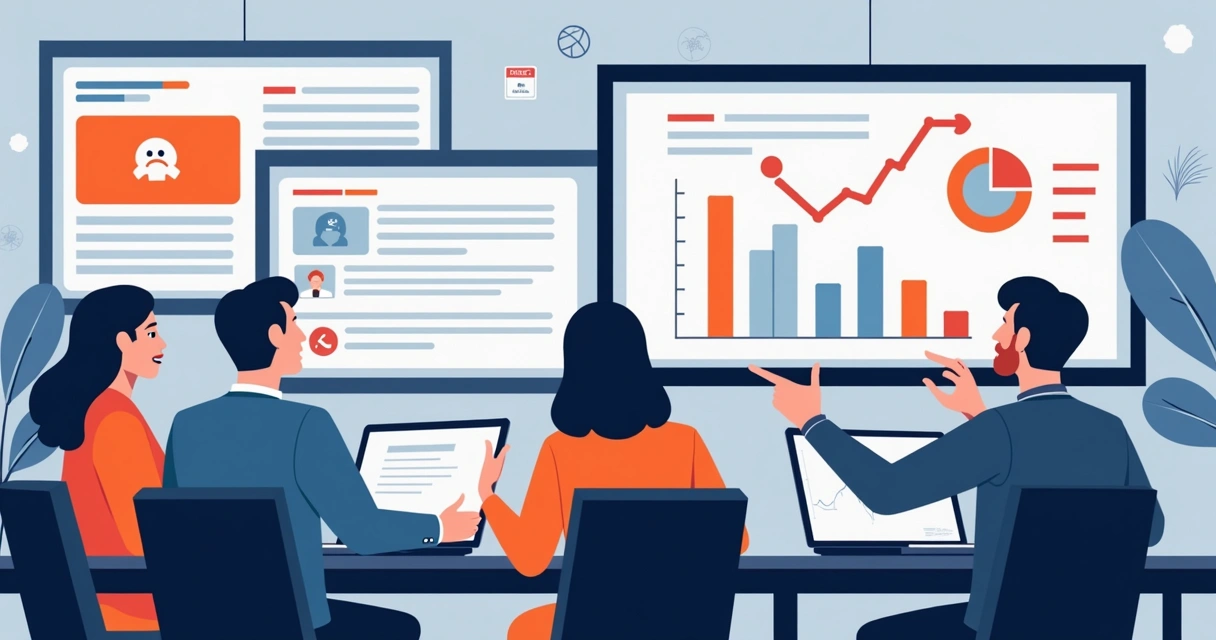 Equipe de marketing analisando menções de crise em diferentes telas 