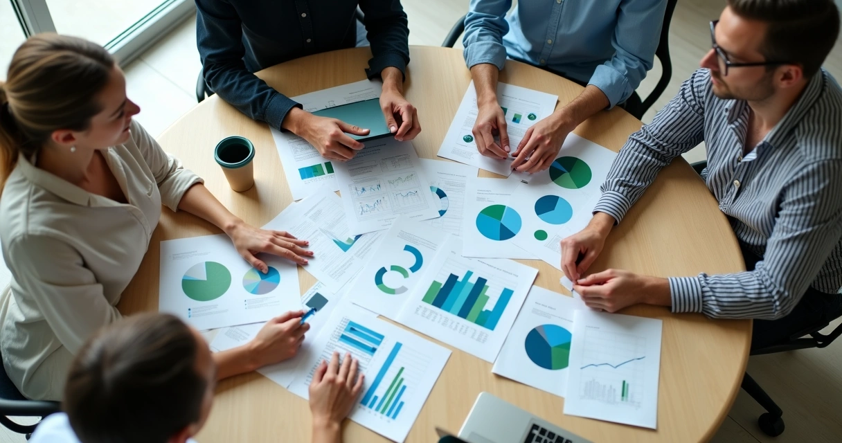 Equipe reunida analisando dados e relatórios digitais em uma mesa 