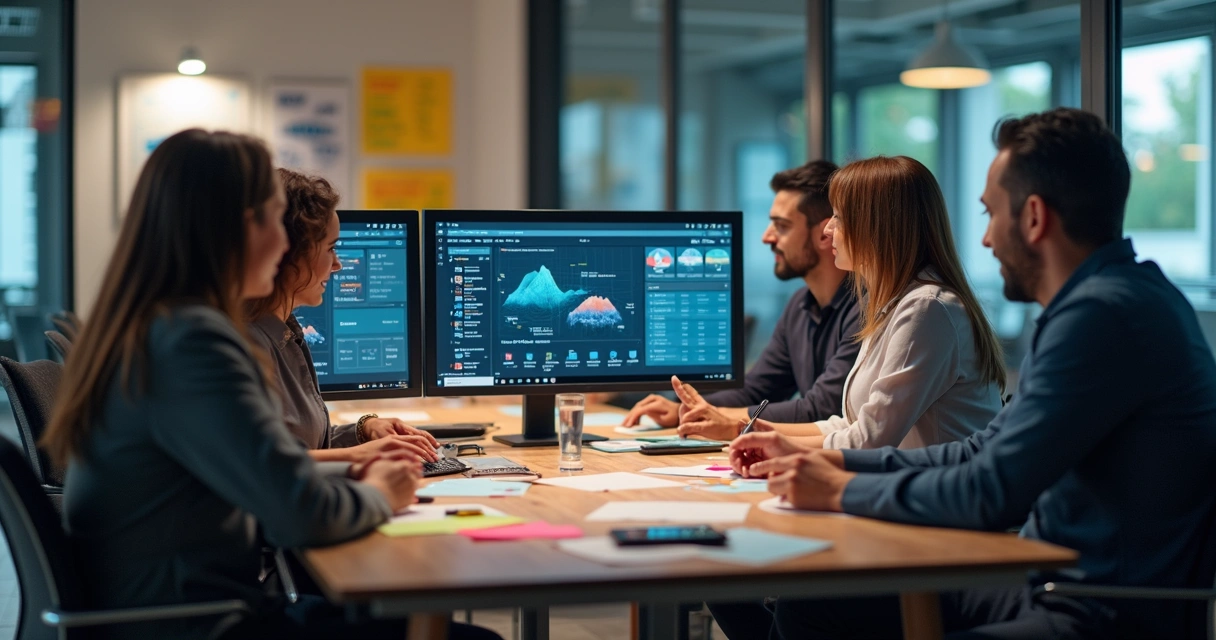 Equipe analisando telas de chatbot e gráficos de engajamento 