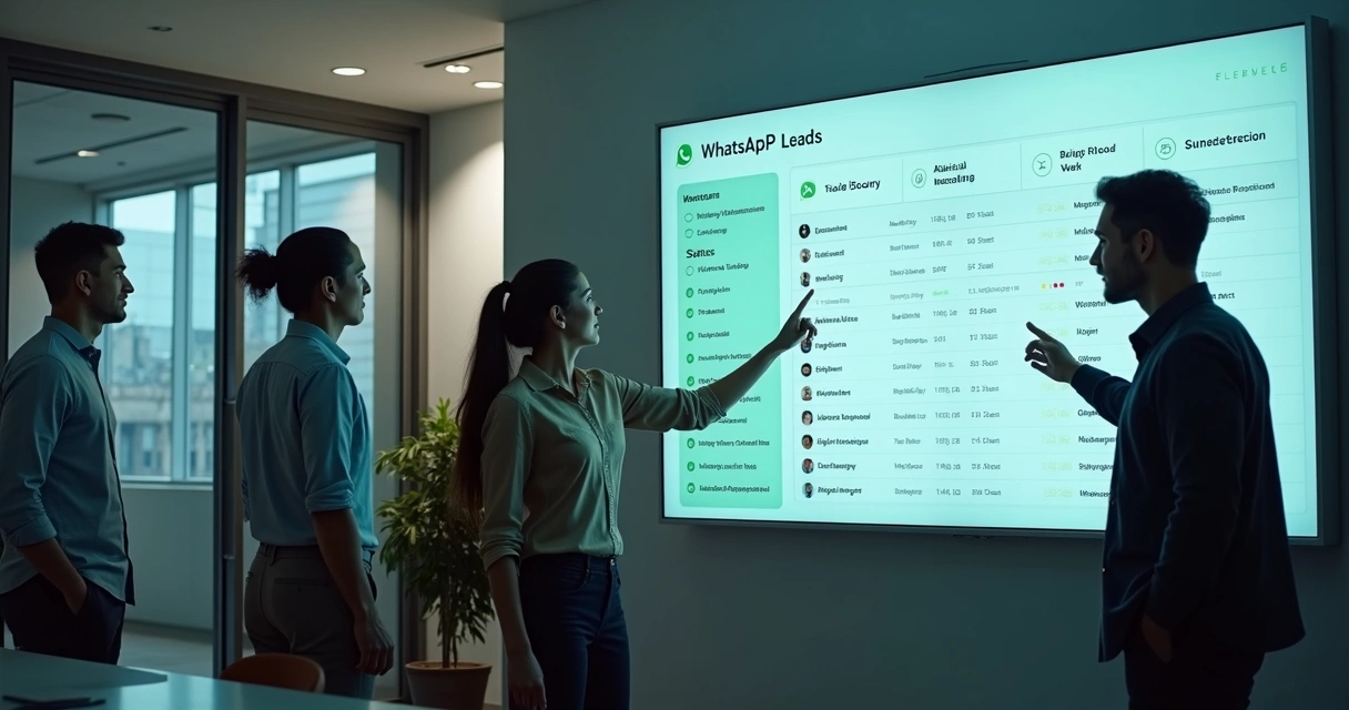 Equipe analisando leads recebidos pelo WhatsApp em um painel digital 