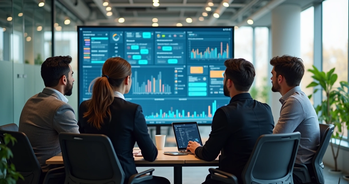 Equipe de desenvolvedores analisando modelos de IA em operação