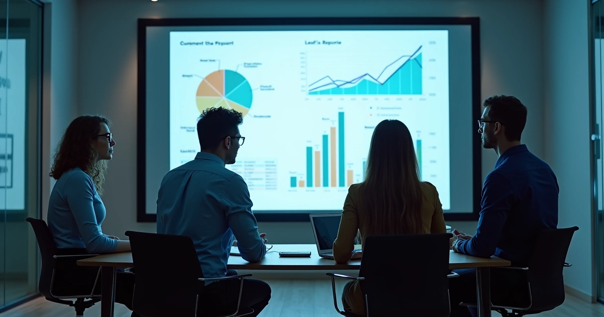 Equipe analisando cenários de negócios em tela grande 