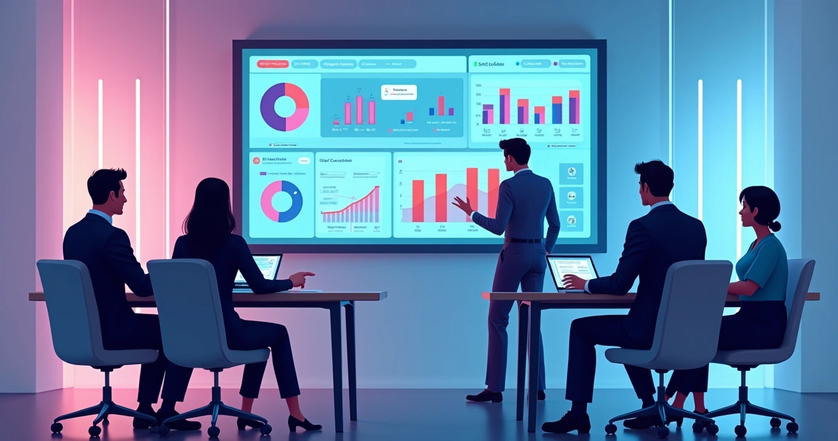 Analistas de parcerias em reunião diante de dashboards coloridos 
