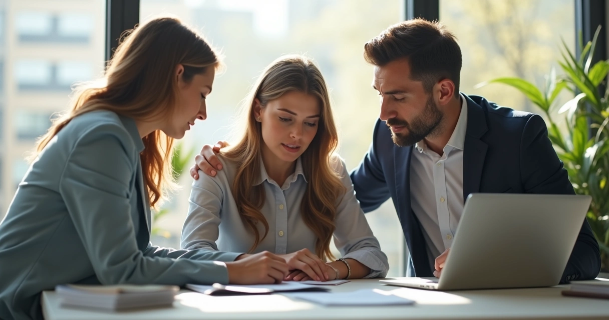Colega sendo apoiado por outros no trabalho 