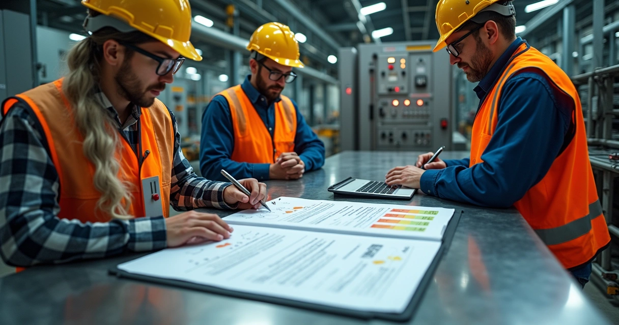 Equipe analisa formulário de APR diante de painel industrial complexo 