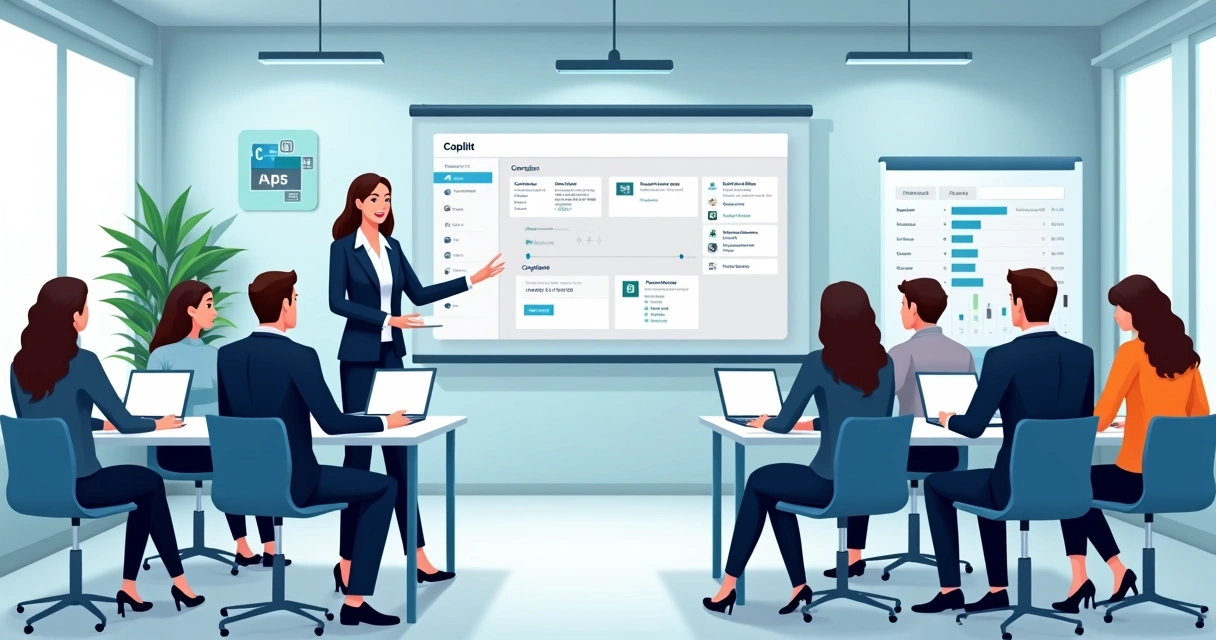 Grupo de colaboradores aprendendo Copilot com instrutora ao lado de um painel digital