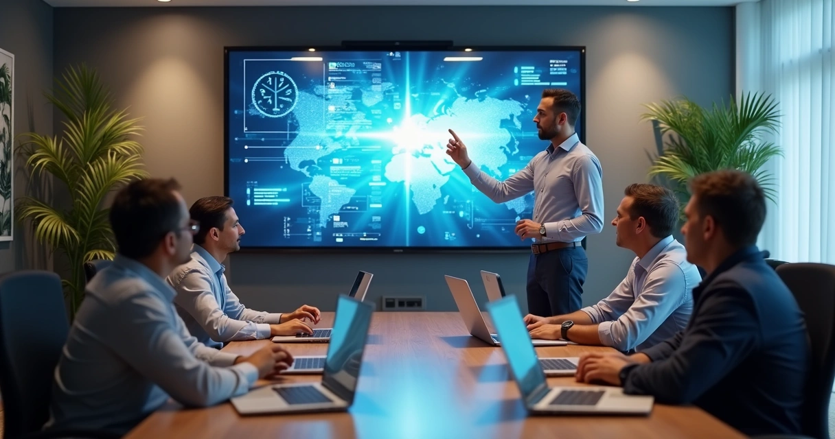 Time de tecnologia apresentando software em tela para grupo de stakeholders 