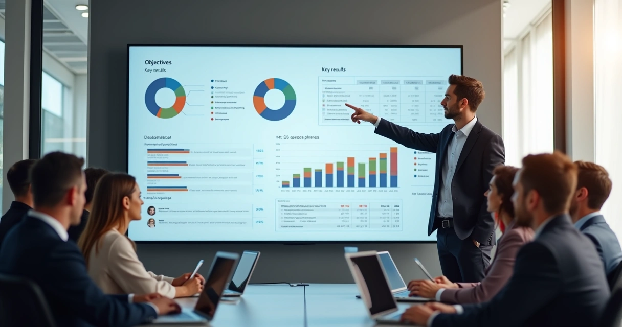 Equipe de trabalho apresentando painel de OKRs em reunião